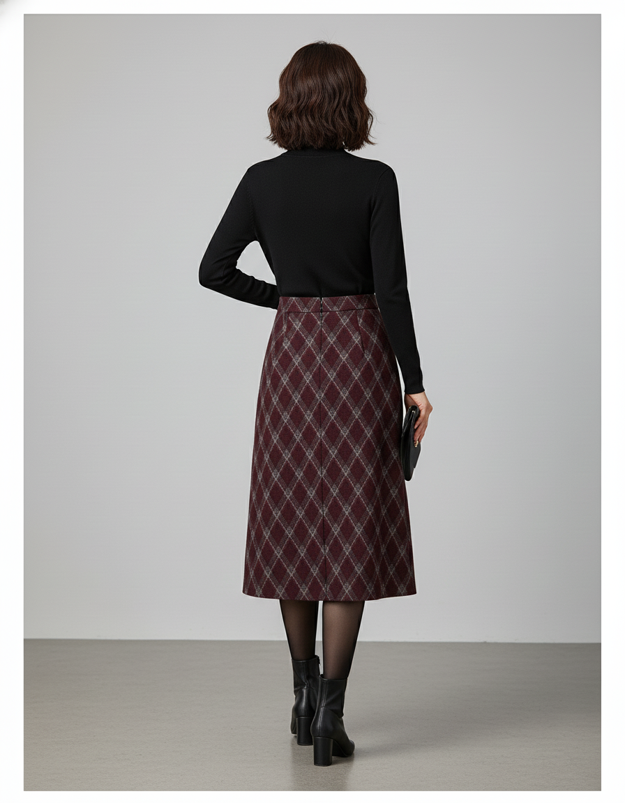 Jupe Midi Bordeaux Carreaux Losanges Élégante