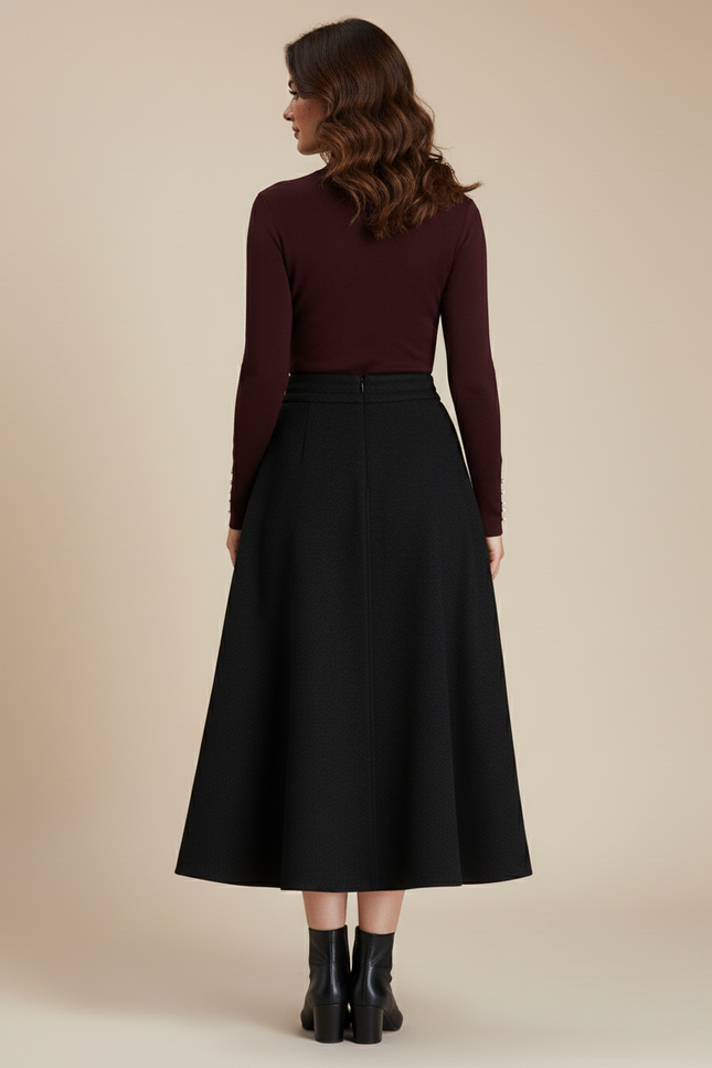 Jupe Midi Noire Laine Plissée