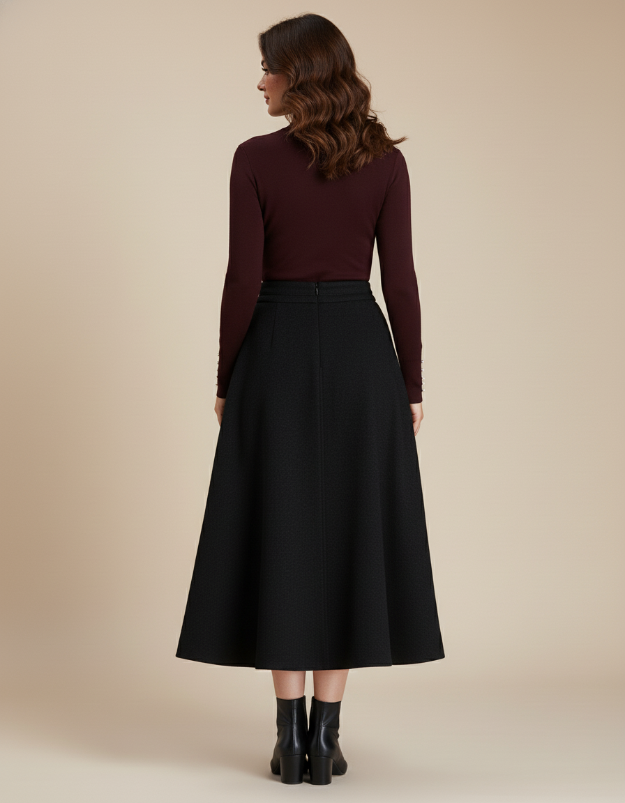 Jupe Midi Noire Laine Plissée