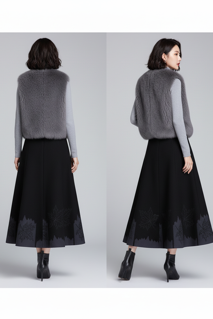 Jupe Midi Noire Motifs Feuilles Élégante