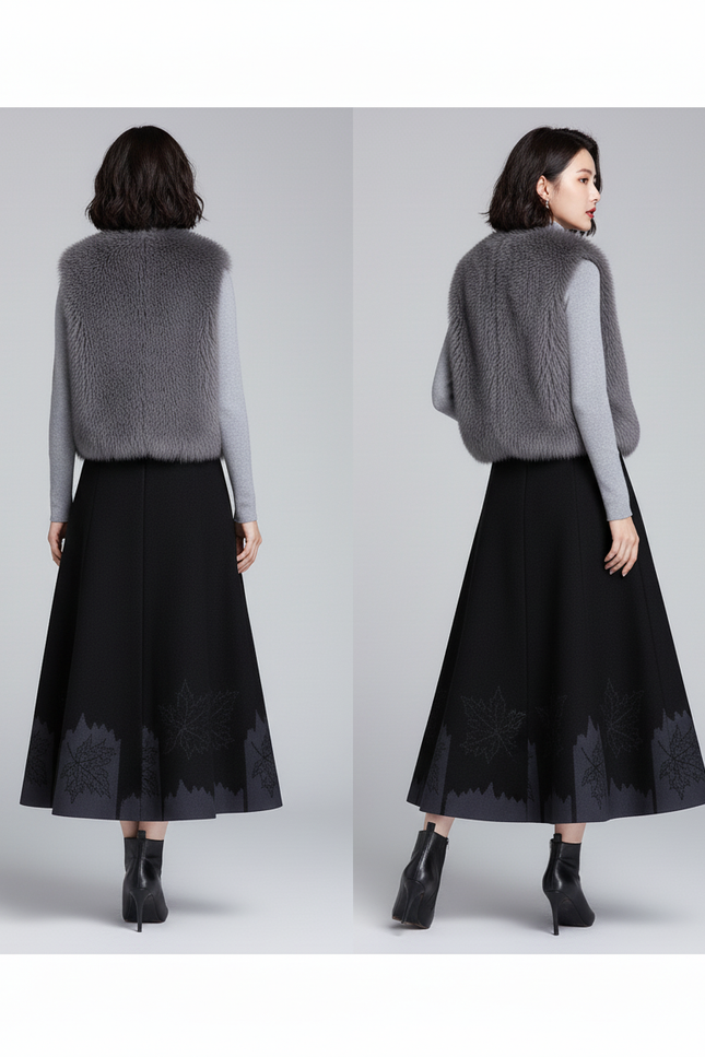 Jupe Midi Noire Motifs Feuilles Élégante