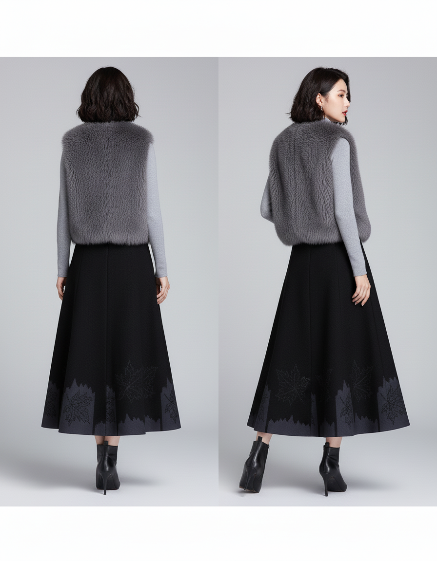 Jupe Midi Noire Motifs Feuilles Élégante