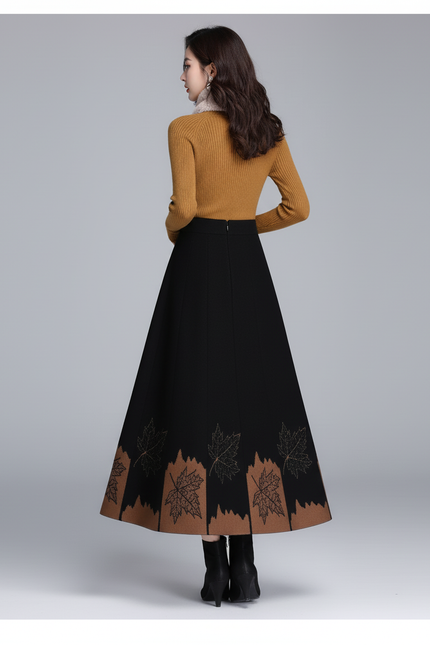 Jupe Midi Noire Motif Feuilles Élégante