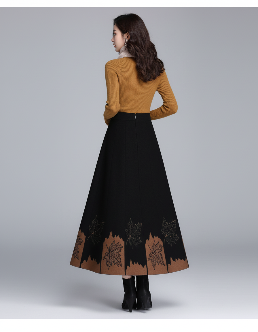 Jupe Midi Noire Motif Feuilles Élégante