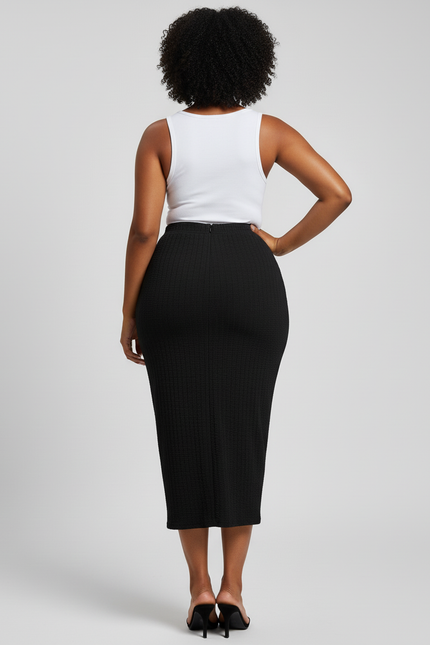 Jupe Midi Noire Texturée Élégante