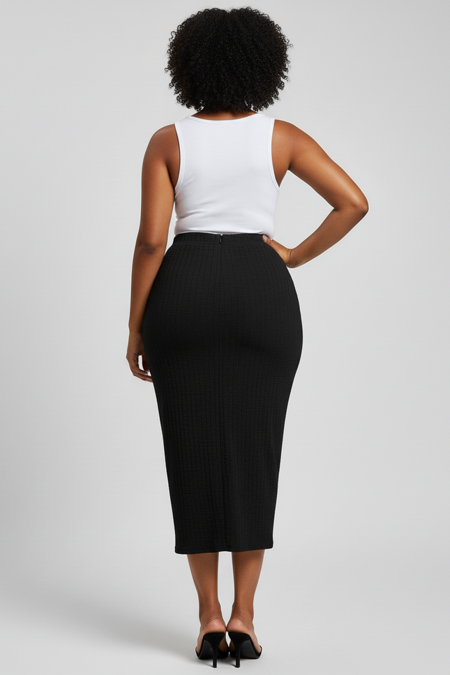 Jupe Midi Noire Texturée Élégante