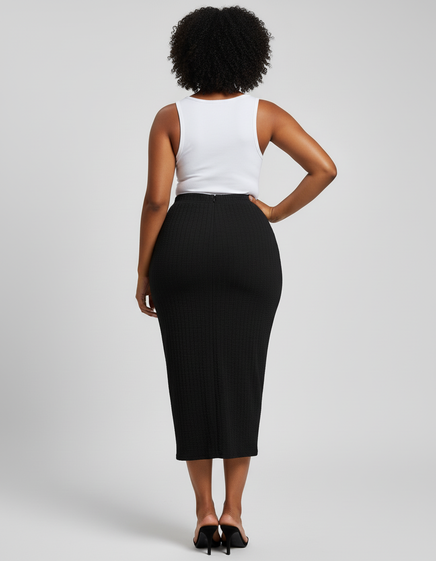Jupe Midi Noire Texturée Élégante