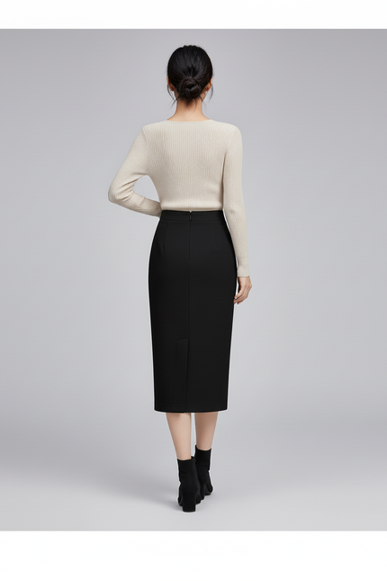 Jupe Midi Noire Fendue Détail Doré Chic