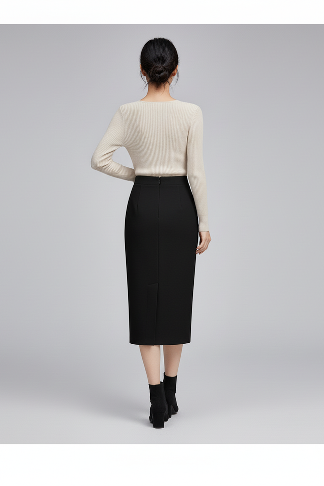 Jupe Midi Noire Fendue Détail Doré Chic