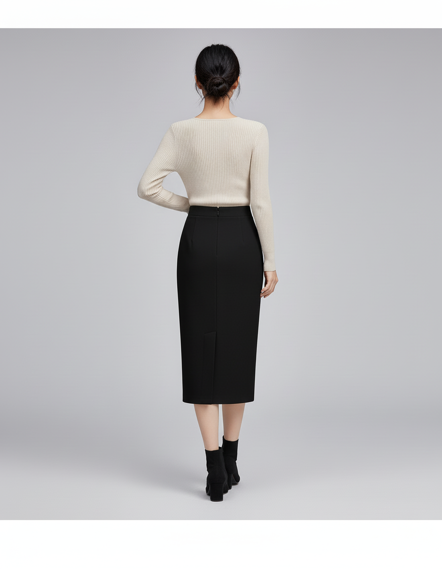 Jupe Midi Noire Fendue Détail Doré Chic