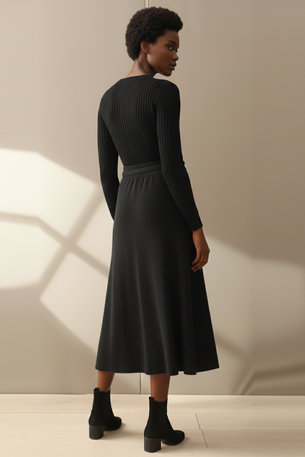 Jupe Midi Noir Maille Fluide