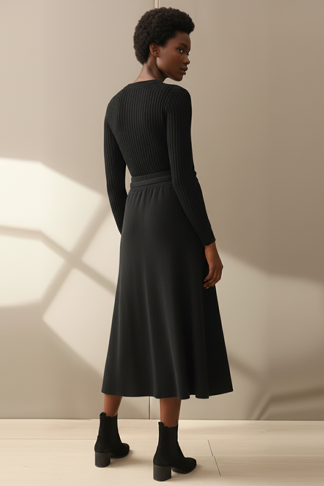 Jupe Midi Noir Maille Fluide