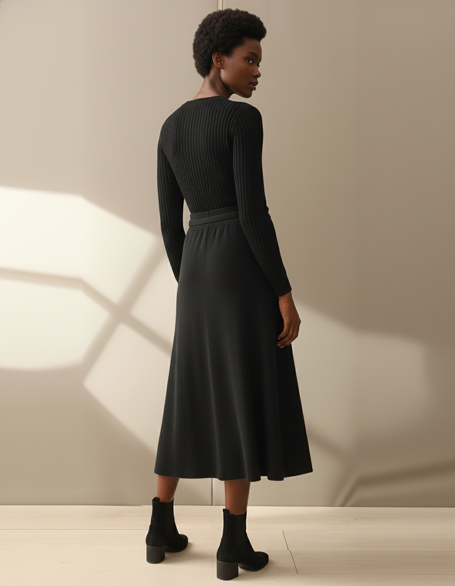 Jupe Midi Noir Maille Fluide