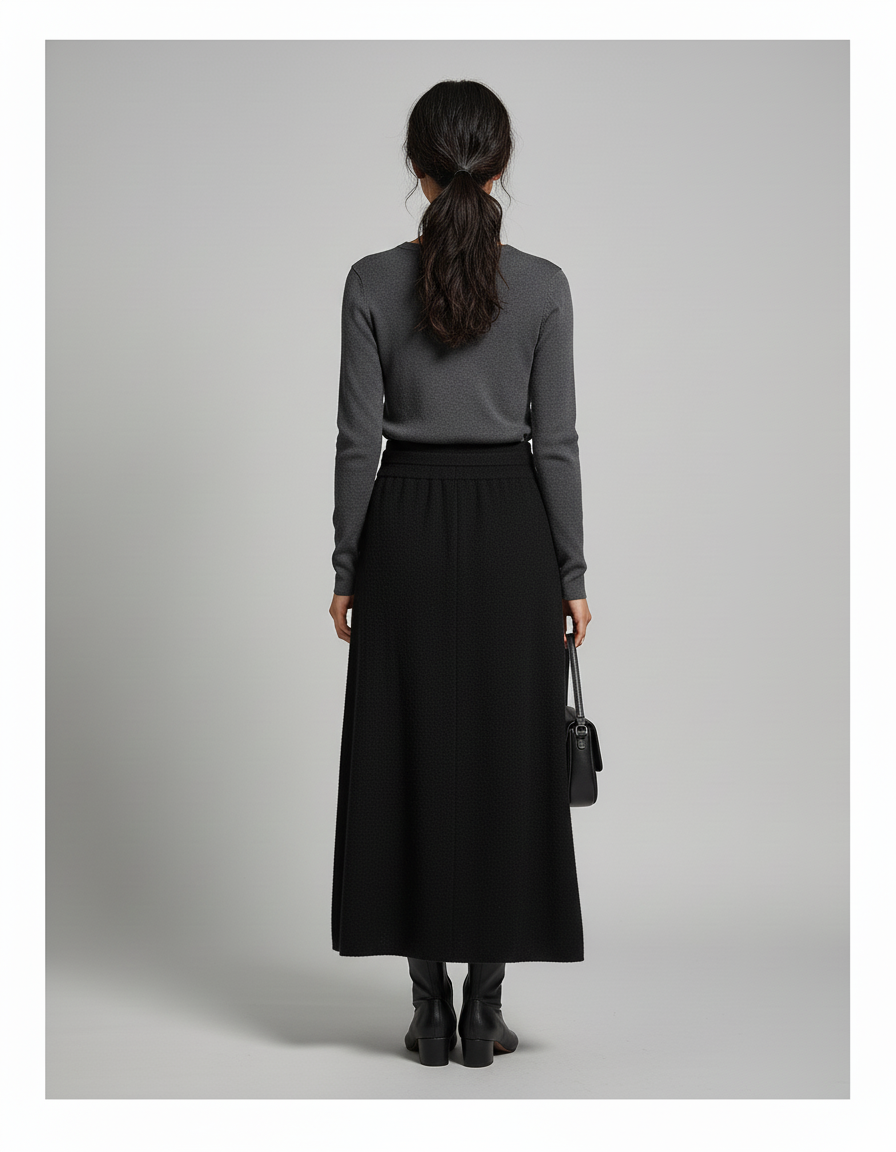 Jupe Midi Noire Maille Chic minimaliste