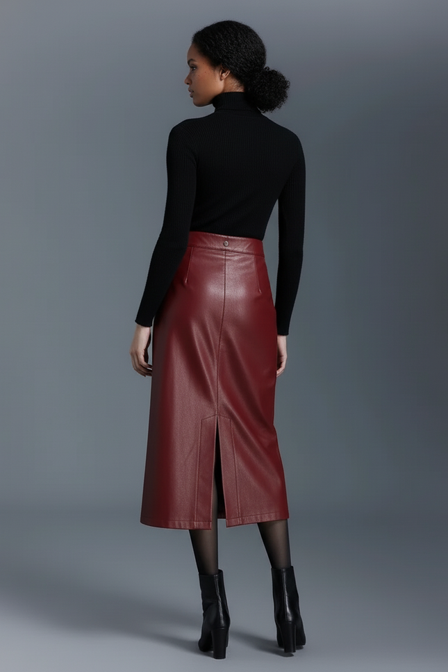 Jupe Midi Similicuir Fendue Élégante