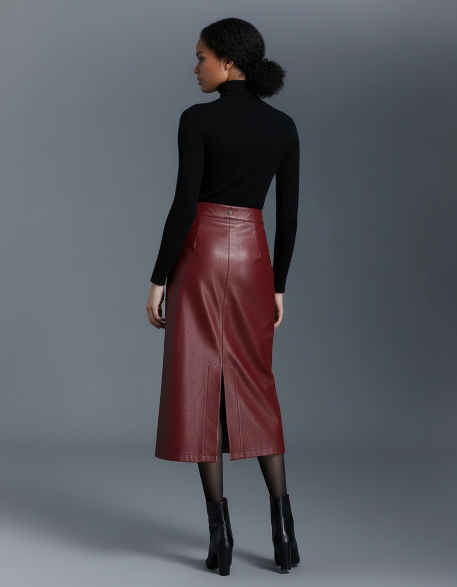 Jupe Midi Similicuir Fendue Élégante