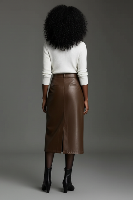 Jupe Midi Simili Cuir Fente Chic