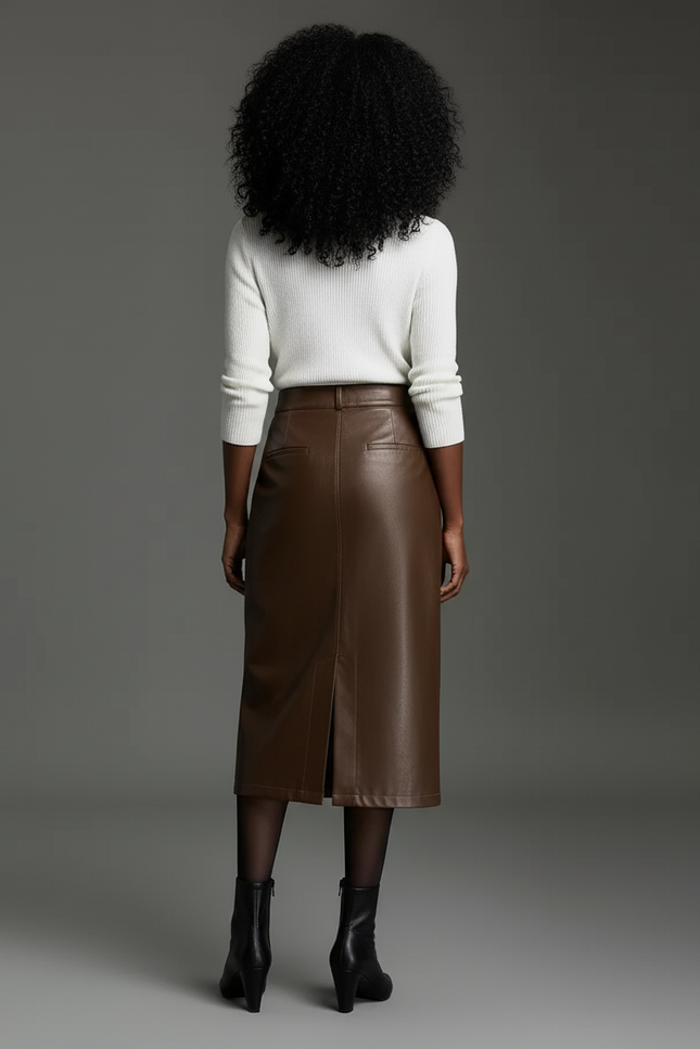 Jupe Midi Simili Cuir Fente Chic