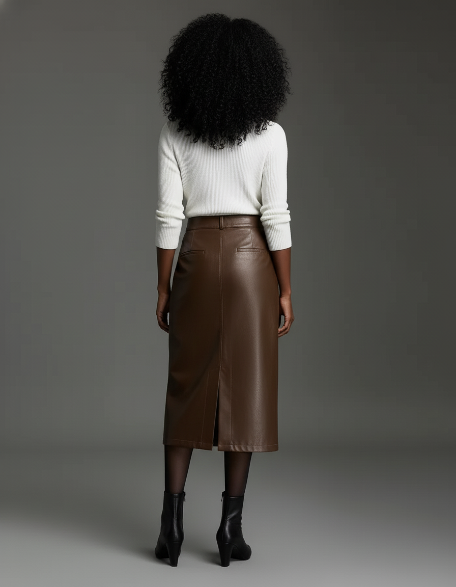 Jupe Midi Simili Cuir Fente Chic