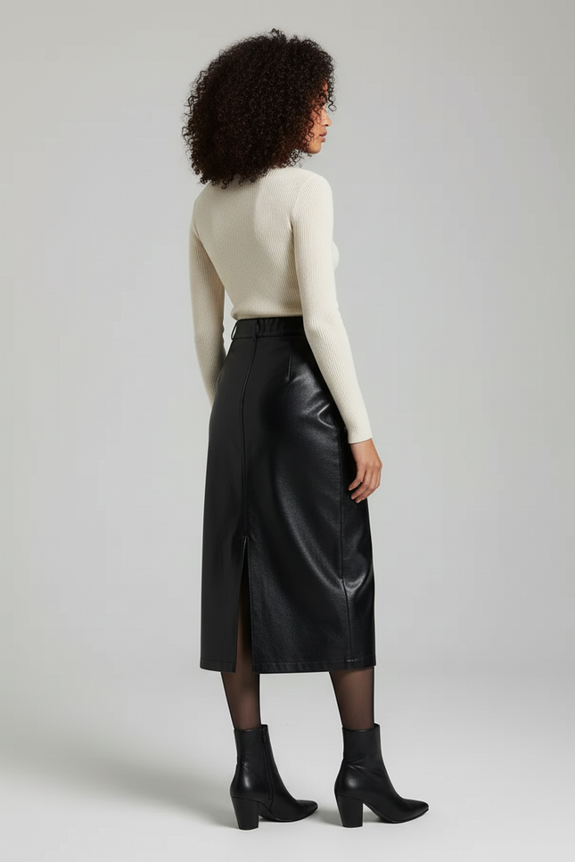 Jupe Midi Cuir Fendue Élégante
