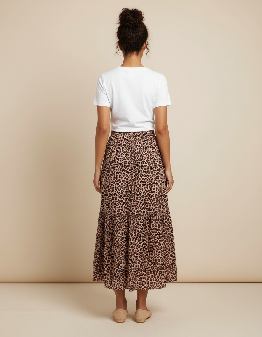 Jupe Midi Imprimée Leopard Fluide