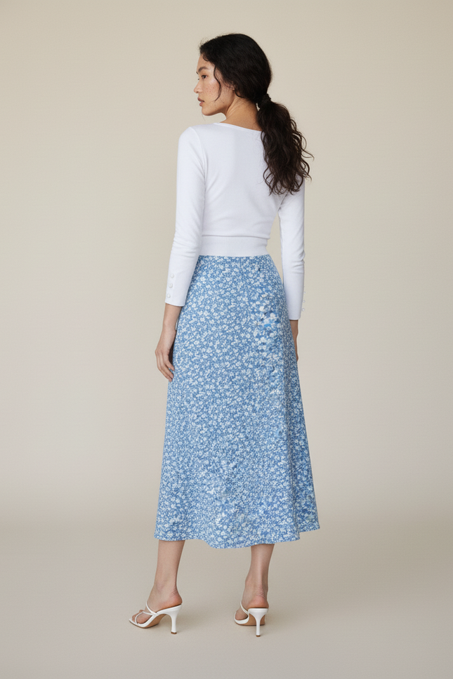 Jupe Midi Élégante Bleue Fleurie À Fente
