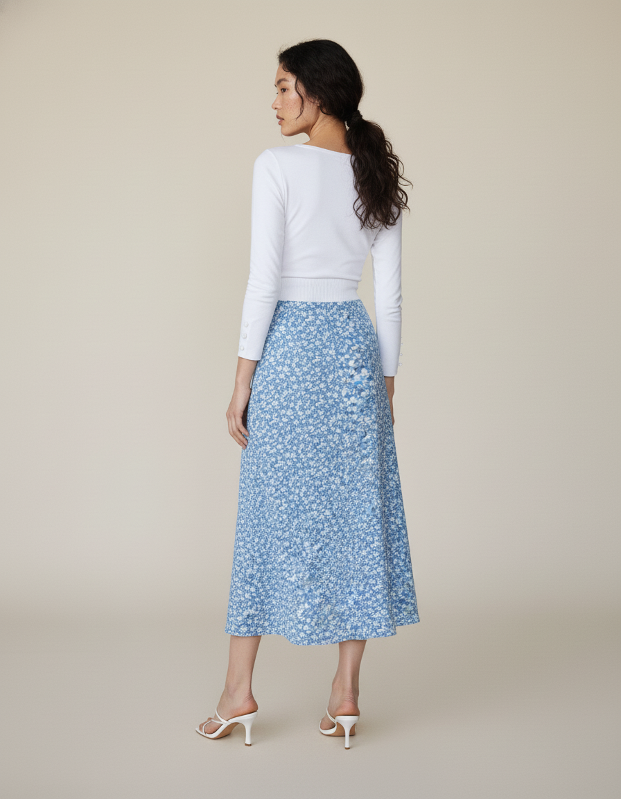 Jupe Midi Élégante Bleue Fleurie À Fente