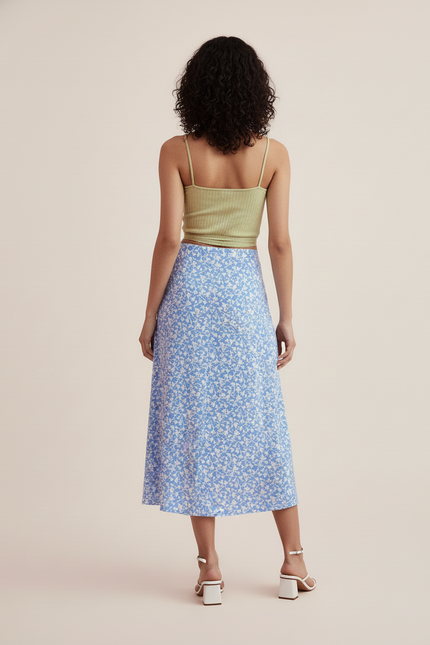 Jupe Midi Bleue Fleurie Fendue Fluide