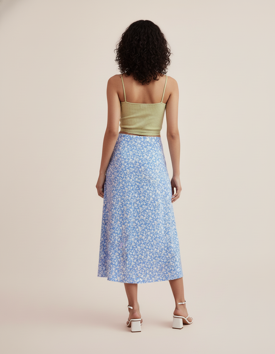 Jupe Midi Bleue Fleurie Fendue Fluide