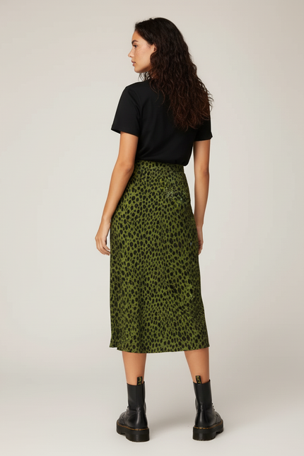 Jupe Midi Verte Léopard Fendue Élégante