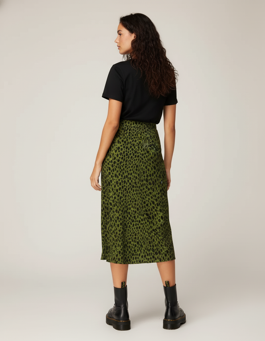 Jupe Midi Verte Léopard Fendue Élégante