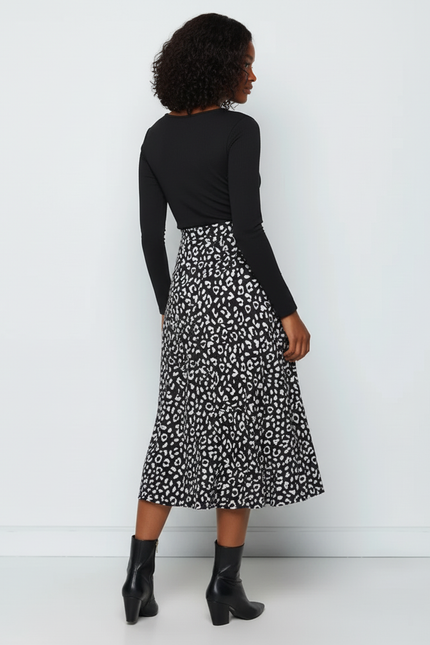 Jupe Midi Léopard Noir Blanc Fluide Élégante