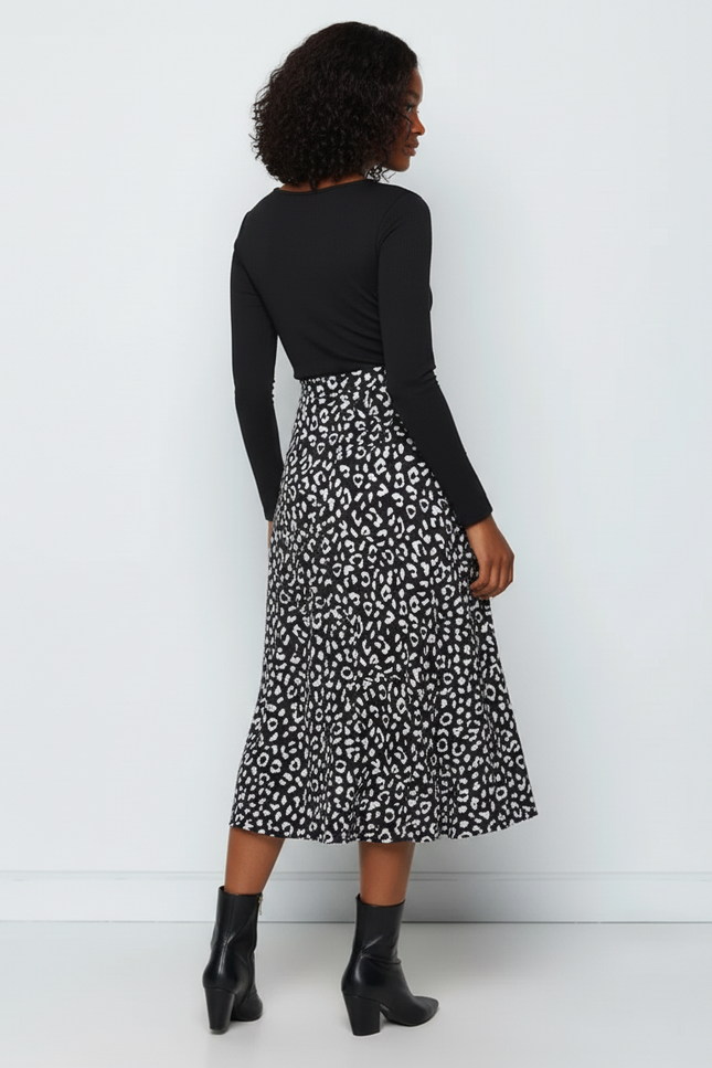 Jupe Midi Léopard Noir Blanc Fluide Élégante
