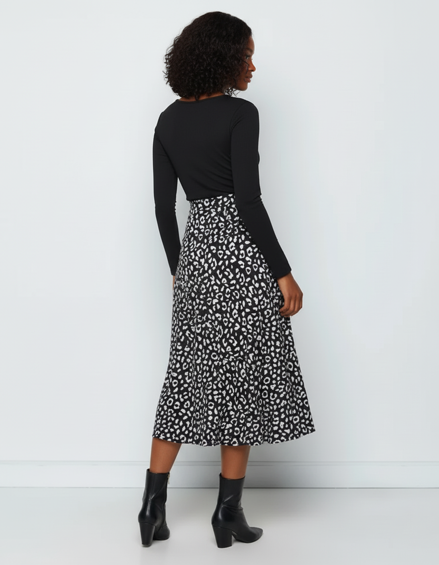 Jupe Midi Léopard Noir Blanc Fluide Élégante