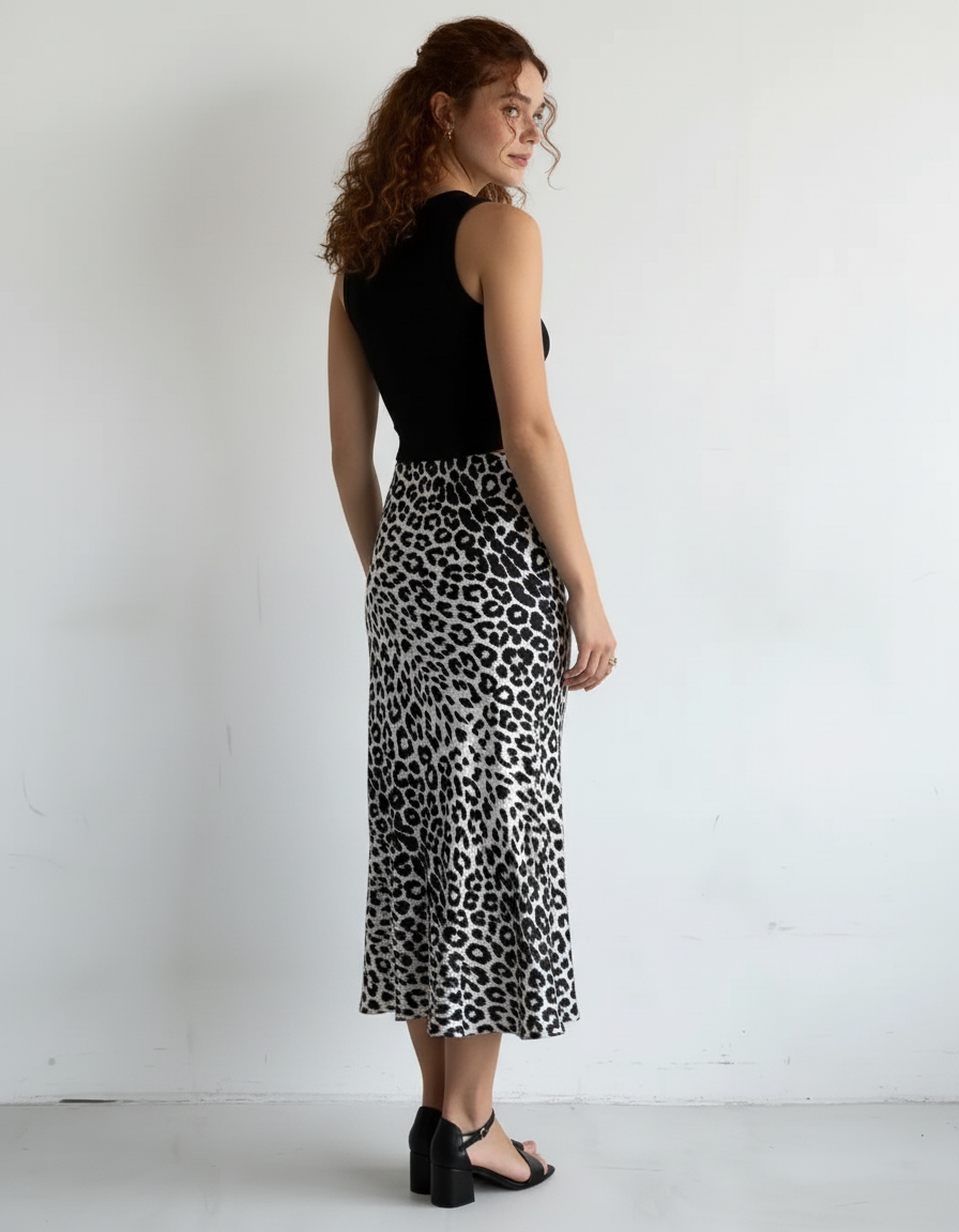 Jupe Midi Léopard Satin Fluide