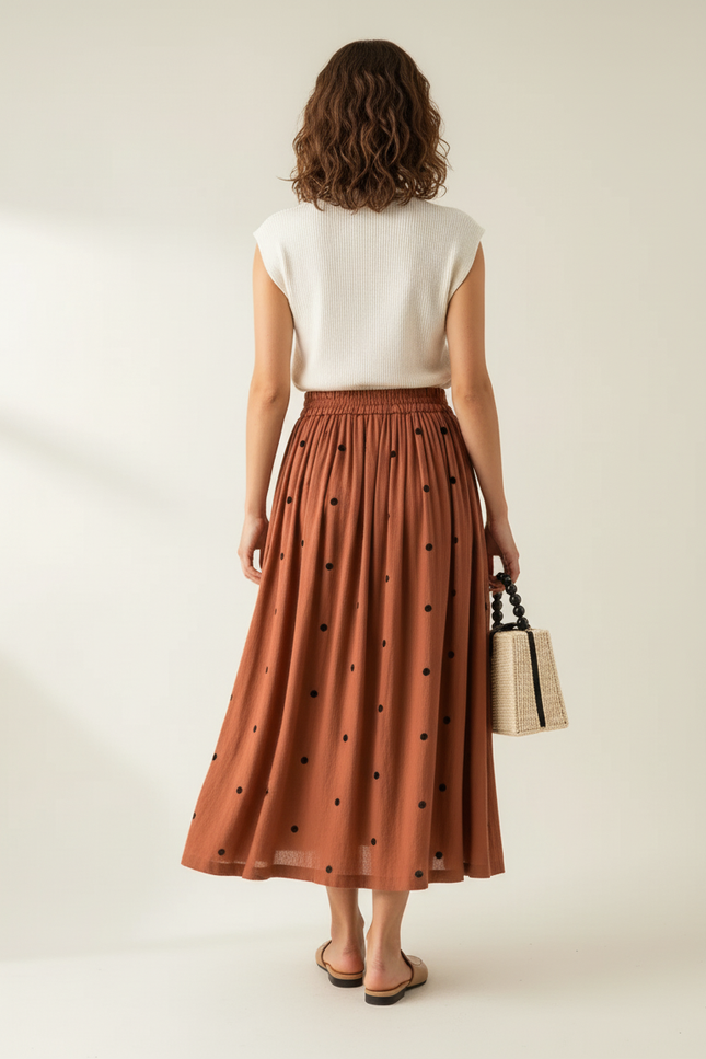Jupe Midi Rouille À Pois Fluide
