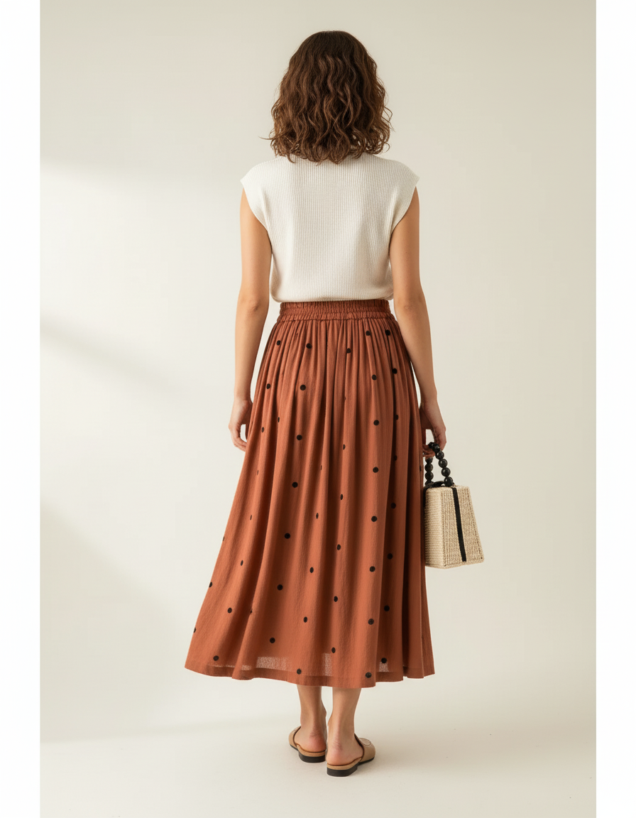 Jupe Midi Rouille À Pois Fluide