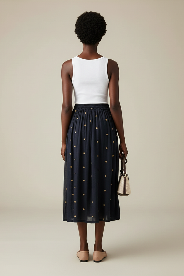 Jupe Midi Marine Pois Fluide