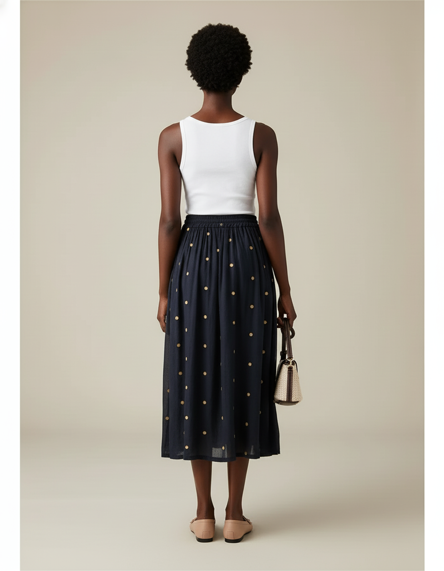 Jupe Midi Marine Pois Fluide