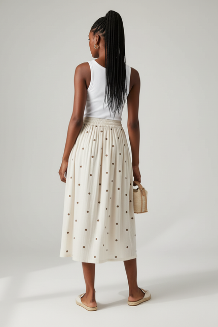 Jupe Midi Crème Pois Fluide