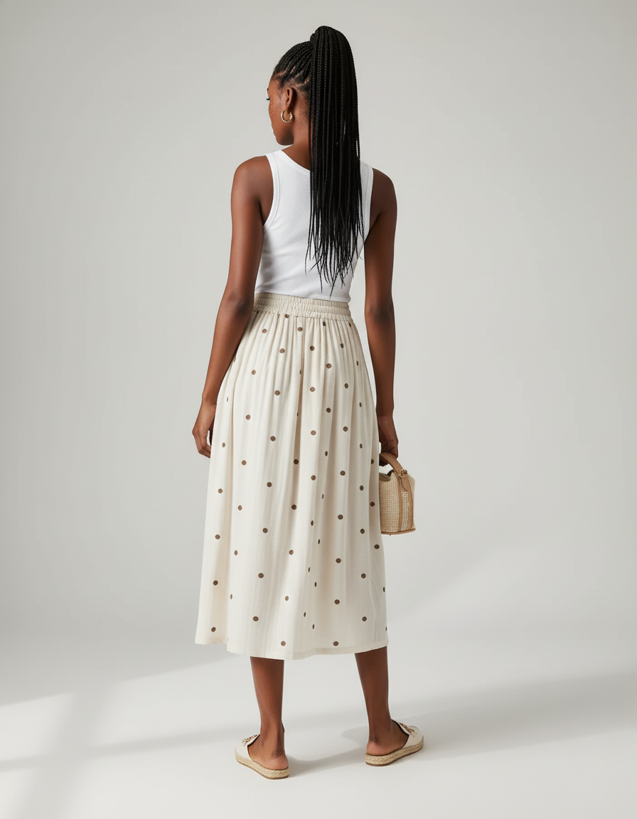 Jupe Midi Crème Pois Fluide