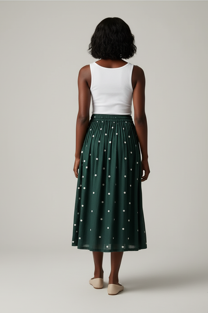 Jupe Midi Vert À Pois Fluide