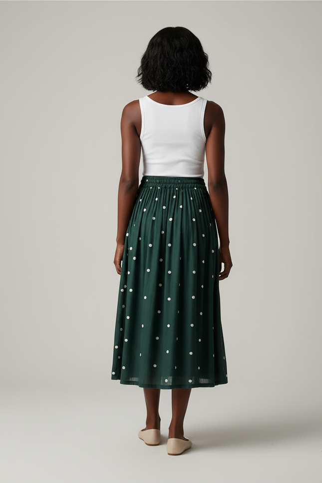 Jupe Midi Vert À Pois Fluide