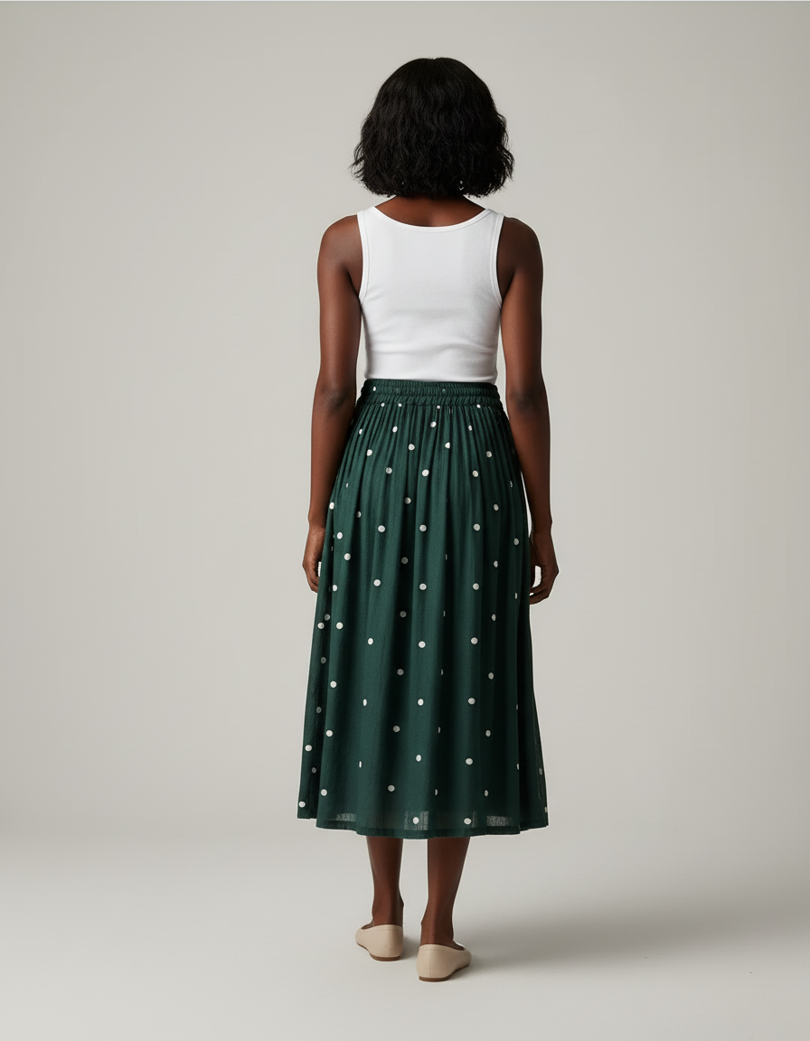 Jupe Midi Vert À Pois Fluide