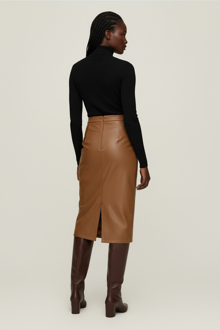 Jupe Midi Camel Similicuir Drapée Chic