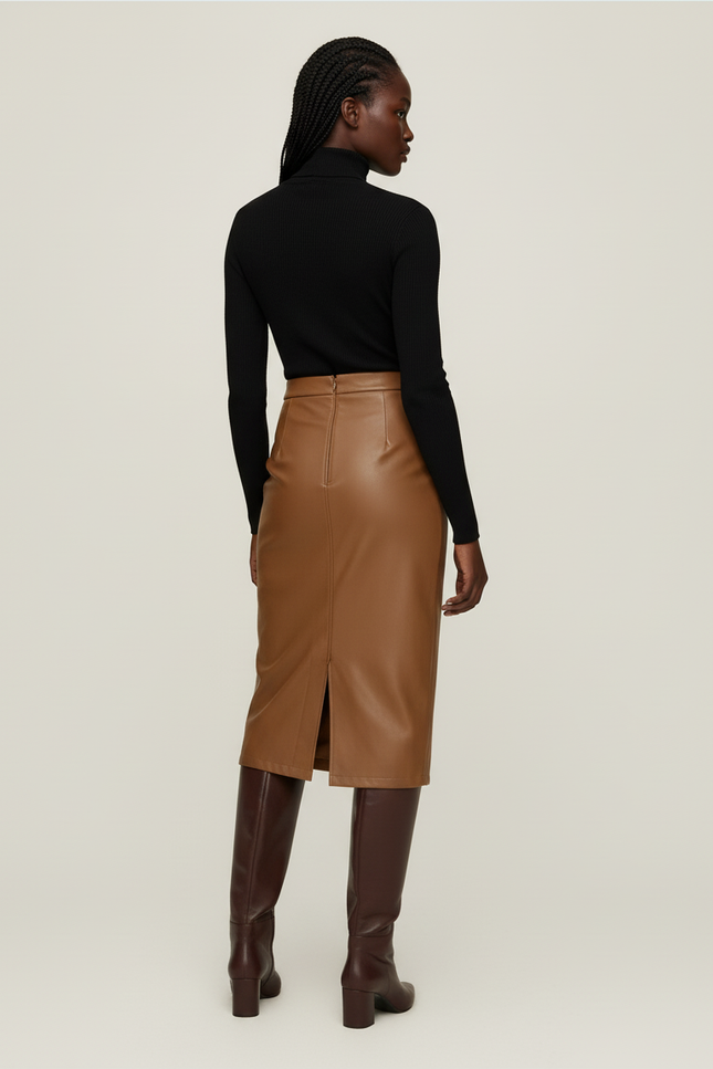 Jupe Midi Camel Similicuir Drapée Chic