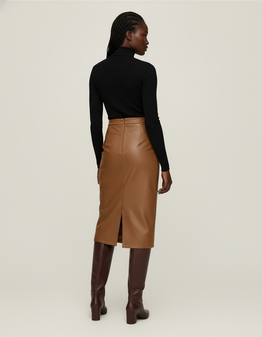 Jupe Midi Camel Similicuir Drapée Chic