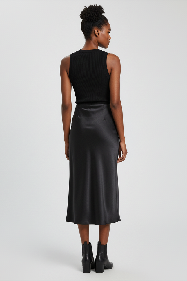Jupe Midi Noir Satinée Élégante