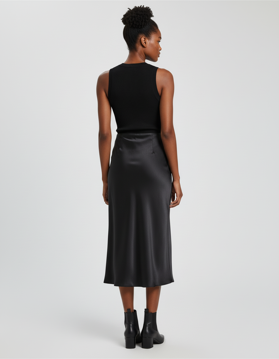 Jupe Midi Noir Satinée Élégante