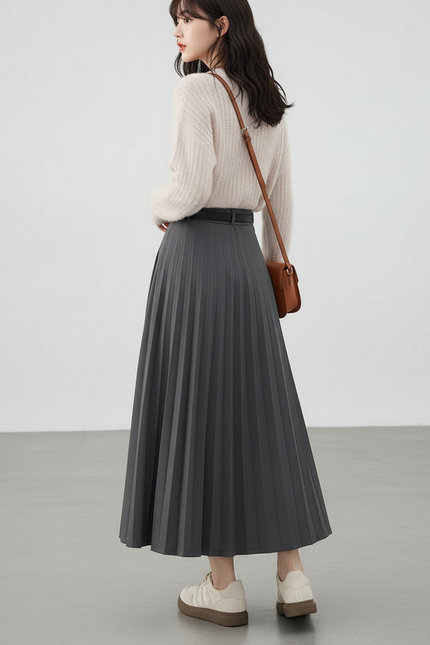 Jupe Midi Grise Taille Haute Plissée